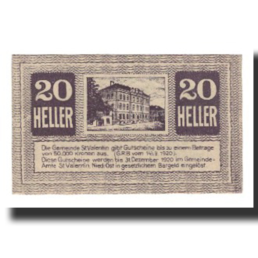 Biljet, Oostenrijk, St. Valentin N.Ö. Gemeinde, 20 Heller, rue 1, 1920
