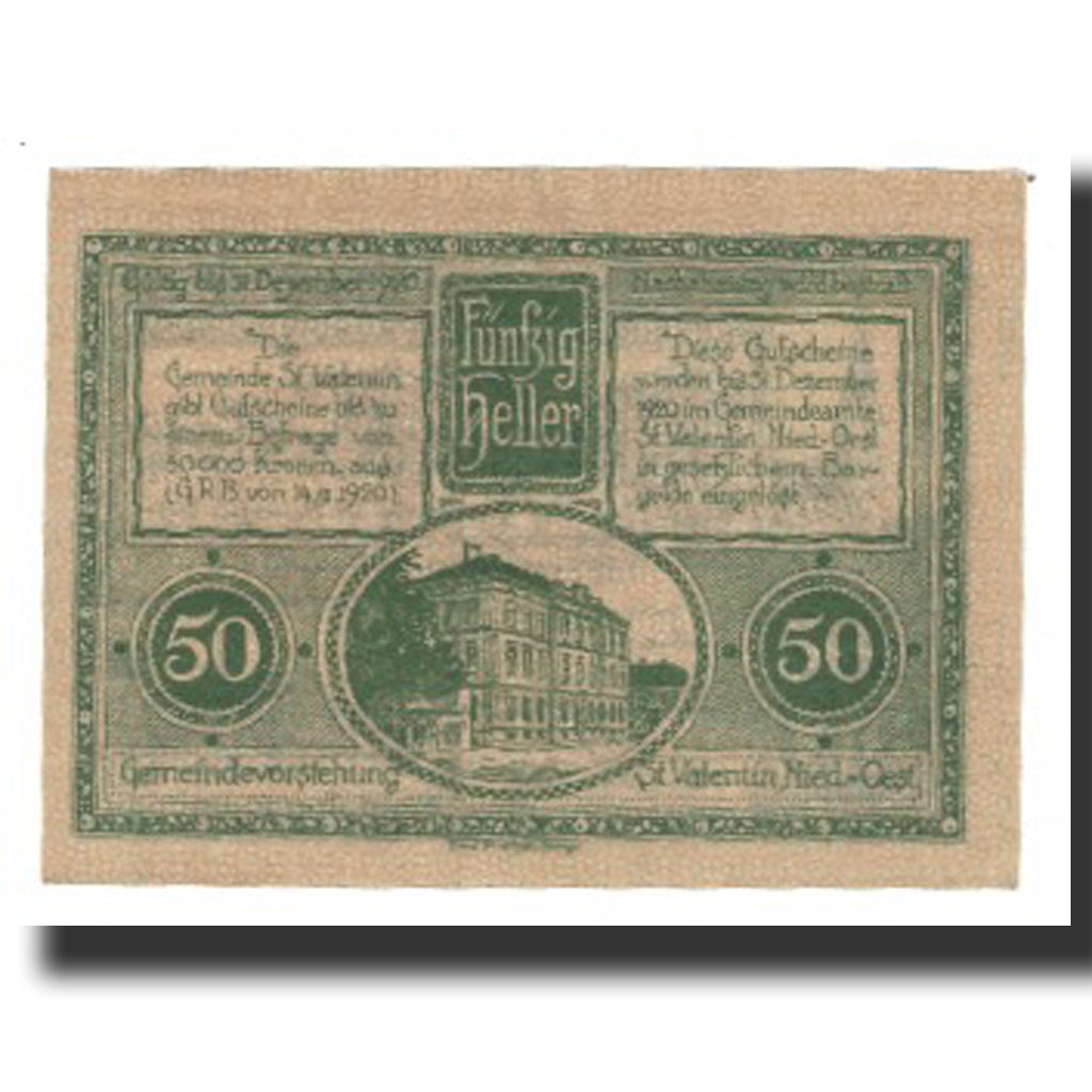 Biljet, Oostenrijk, St. Valentin N.Ö. Gemeinde, 50 Heller, Batiment, 1920