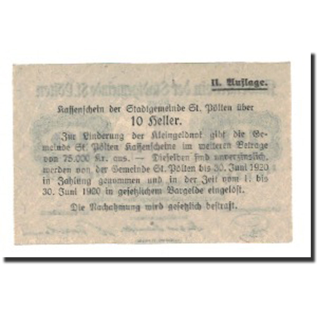Banconote, Austria, St Pölten, 10 Heller, Texte, 1920, 1920-06-30, SPL-