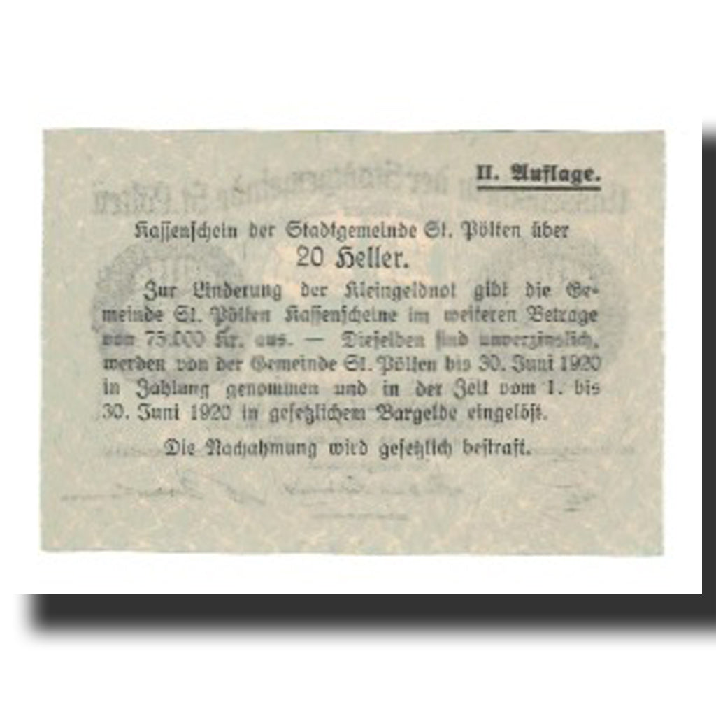 Banconote, Austria, St Pölten, 20 Heller, texte 1, 1920, 1920-06-30, SPL-