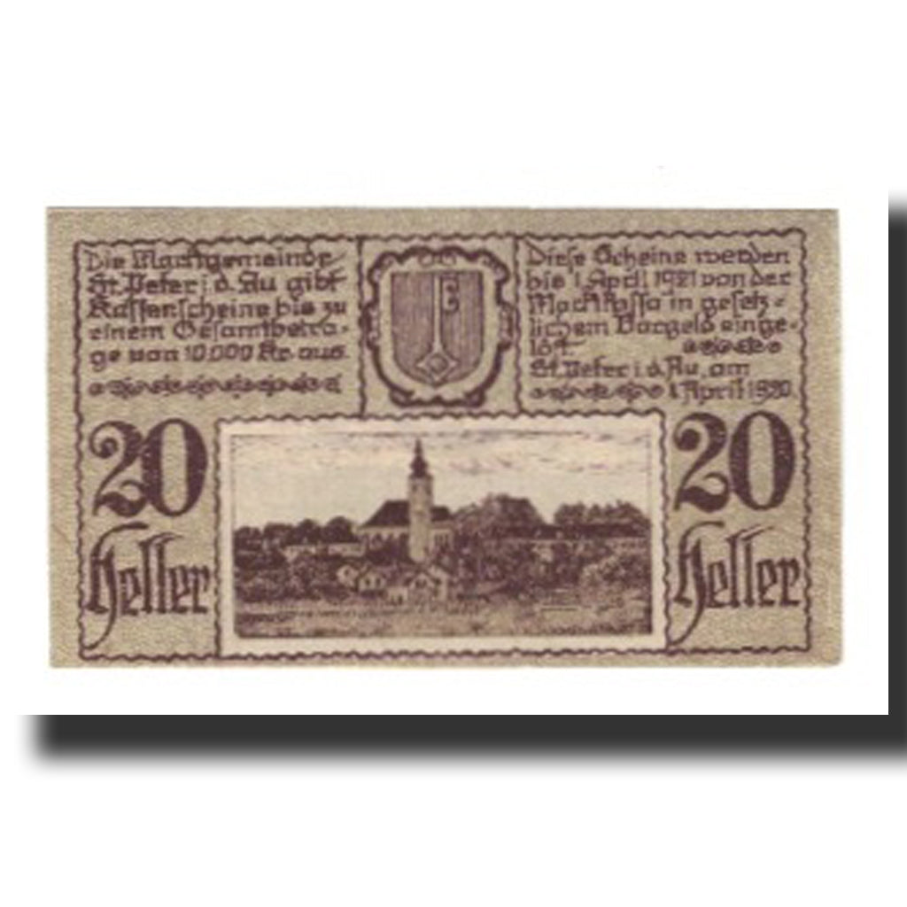 Billet, Autriche, St. Peter in der Au N.Ö. Marktgemeinde, 20 Heller, Eglise 1