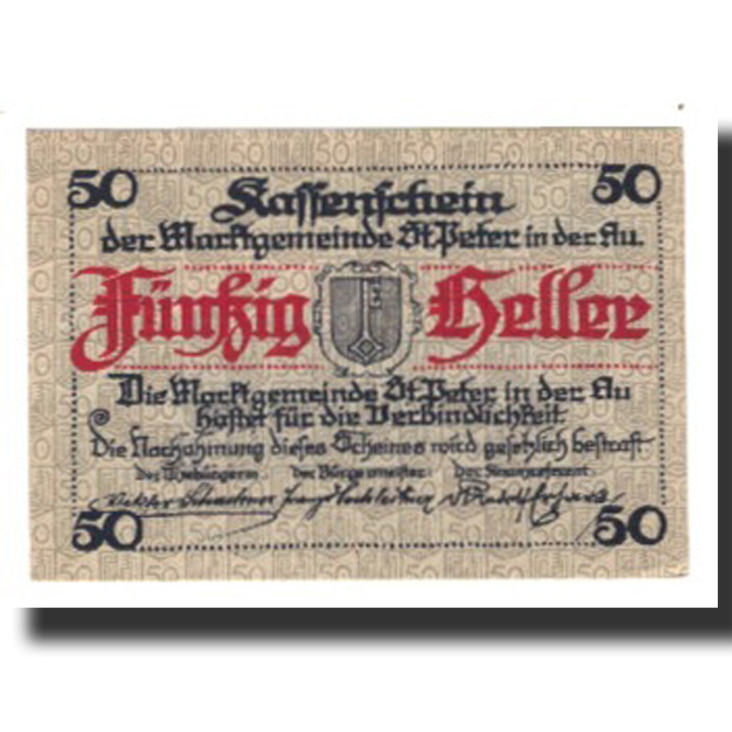 Banconote, Austria, St. Peter in der Au N.Ö. Marktgemeinde, 50 Heller, eglise