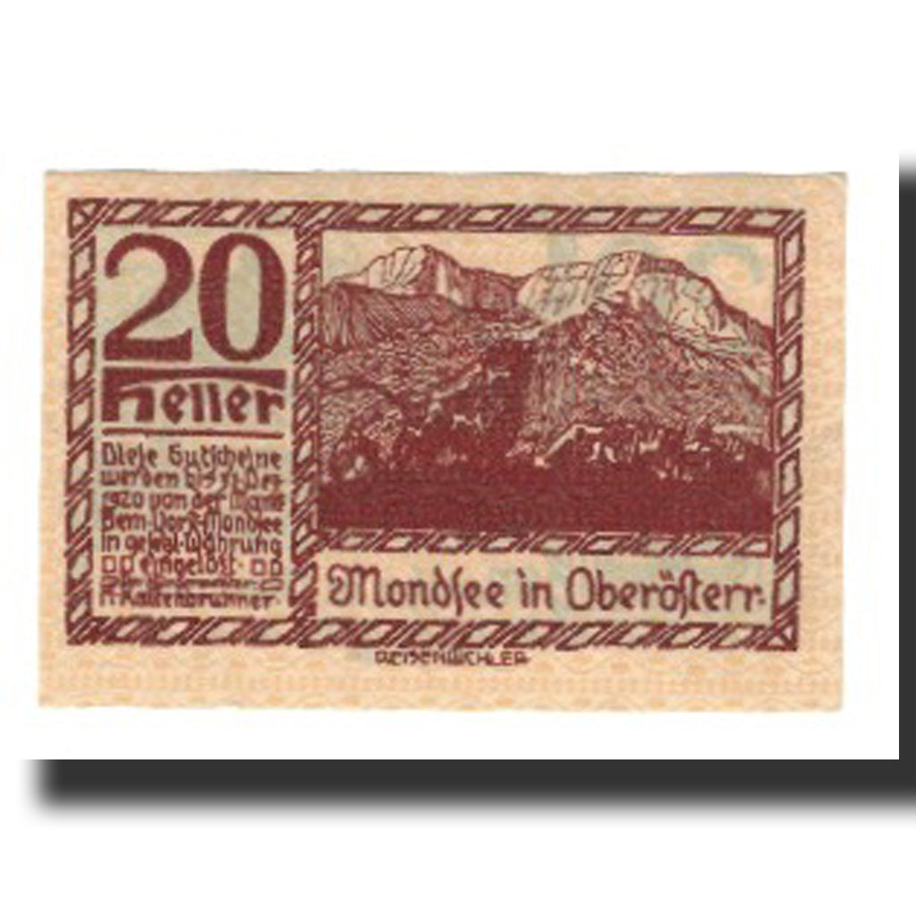 Banconote, Austria, Mondsee O.Ö. Marktgemeinde, 20 Heller, personnage 4, 1920