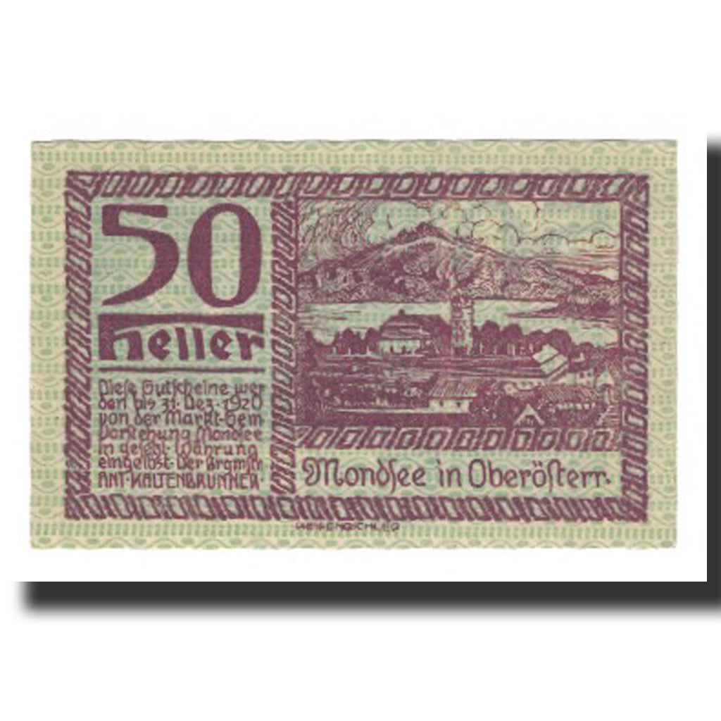 Banconote, Austria, Mondsee O.Ö. Marktgemeinde, 50 Heller, personnage 6, 1920