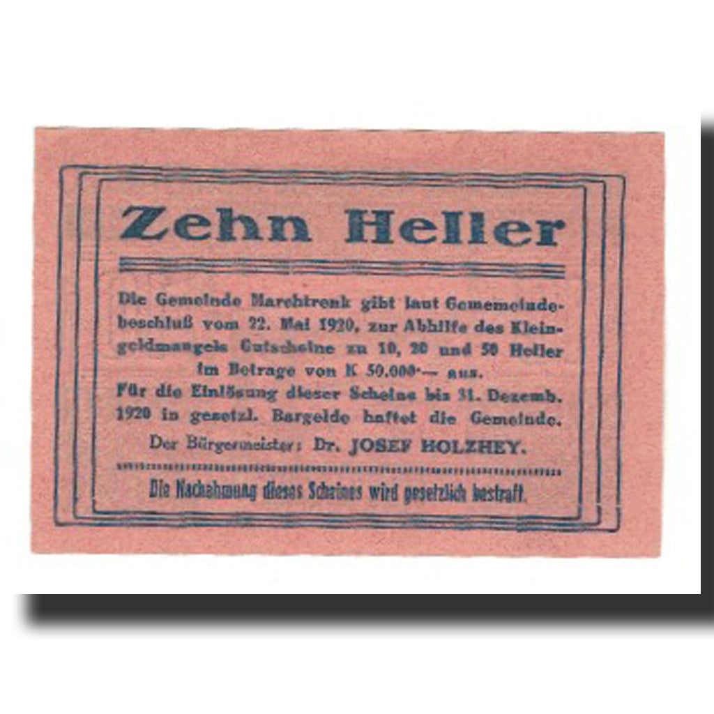 Banconote, Austria, Marchtrenk O.Ö. Gemeinde, 10 Heller, Texte, 1920