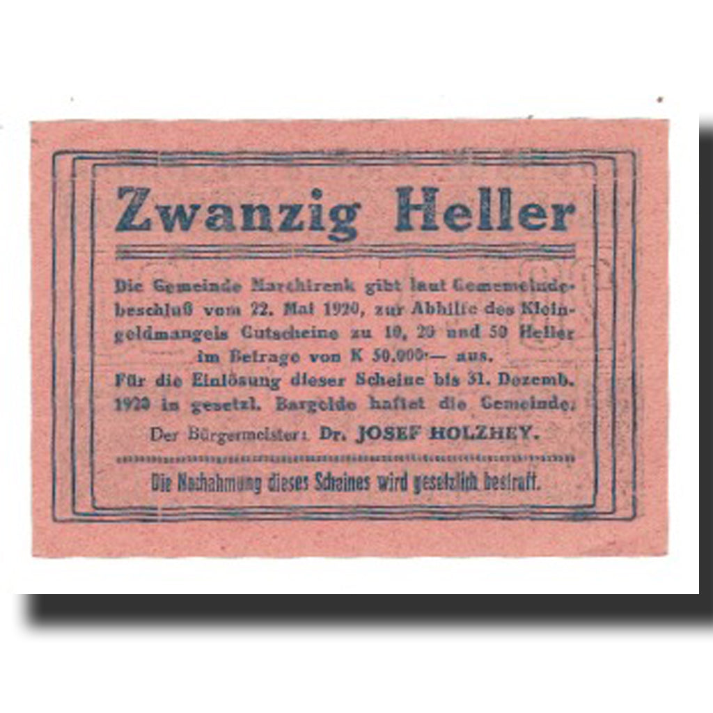 Biljet, Oostenrijk, Marchtrenk O.Ö. Gemeinde, 20 Heller, texte 1, 1920