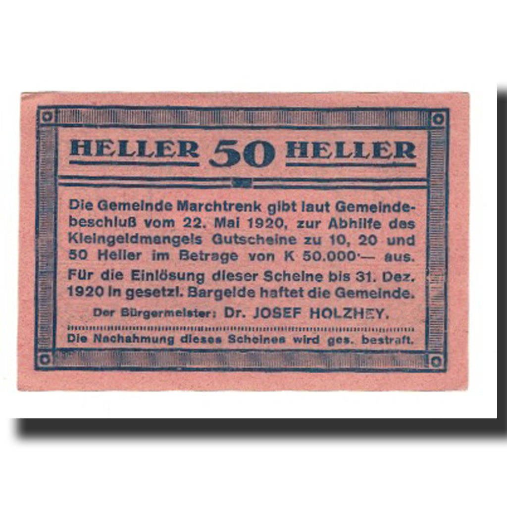Banconote, Austria, Marchtrenk O.Ö. Gemeinde, 50 Heller, Texte 2, 1920