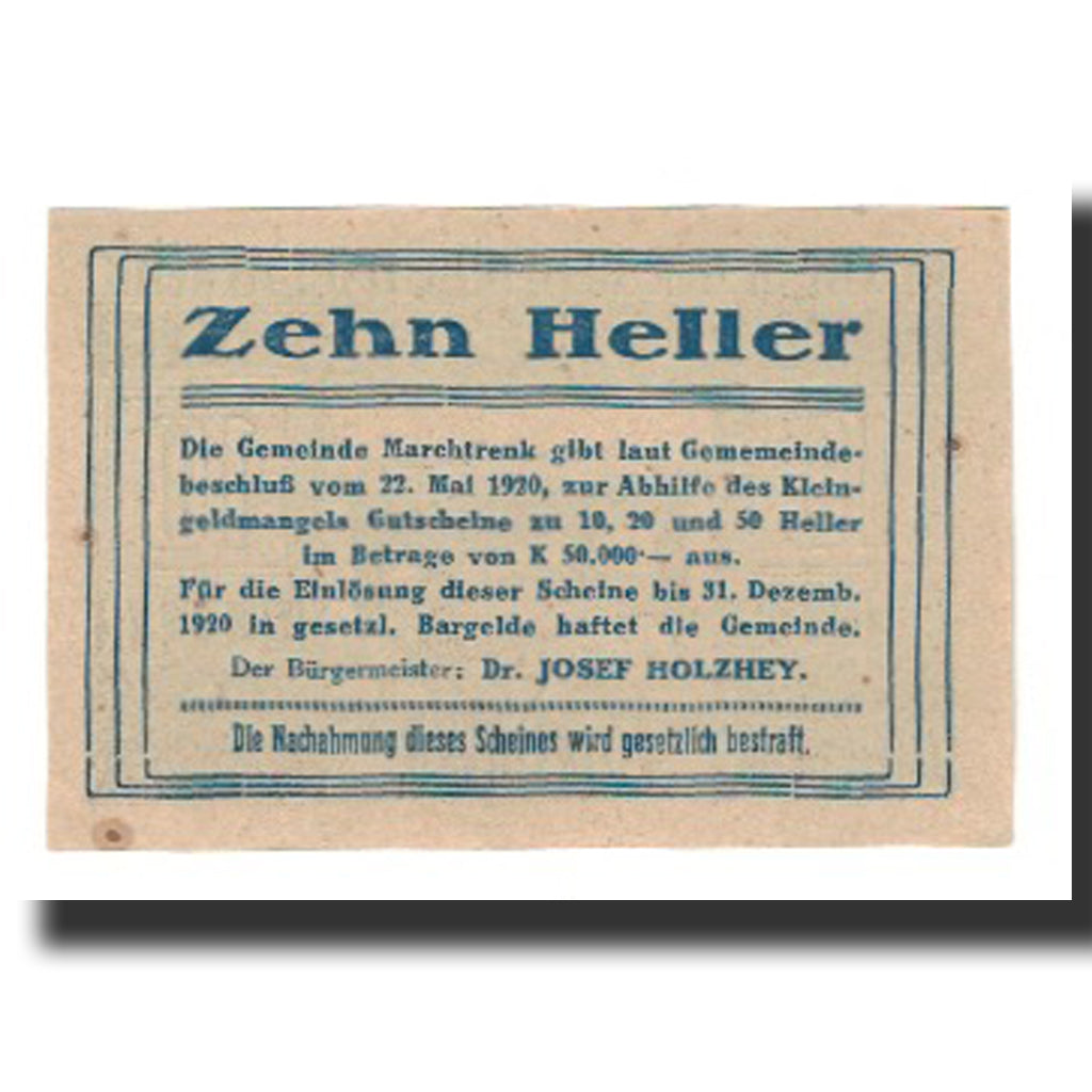 Banconote, Austria, Marchtrenk O.Ö. Gemeinde, 10 Heller, Texte 3, 1920