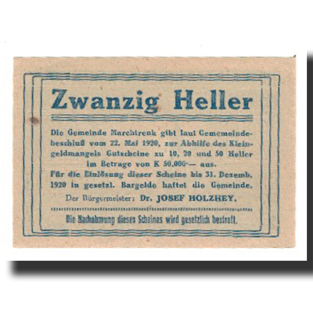 Banconote, Austria, Marchtrenk O.Ö. Gemeinde, 20 Heller, Texte 4, 1920