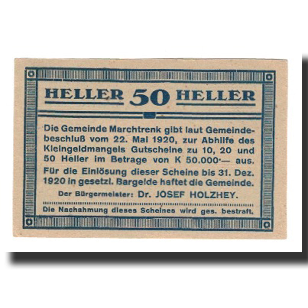 Banconote, Austria, Marchtrenk O.Ö. Gemeinde, 50 Heller, Texte  5, 1920