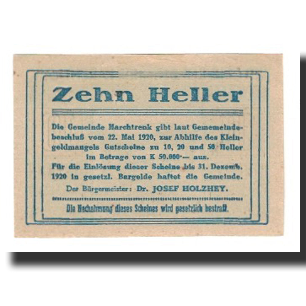 Banconote, Austria, Marchtrenk O.Ö. Gemeinde, 10 Heller, Texte 6, 1920