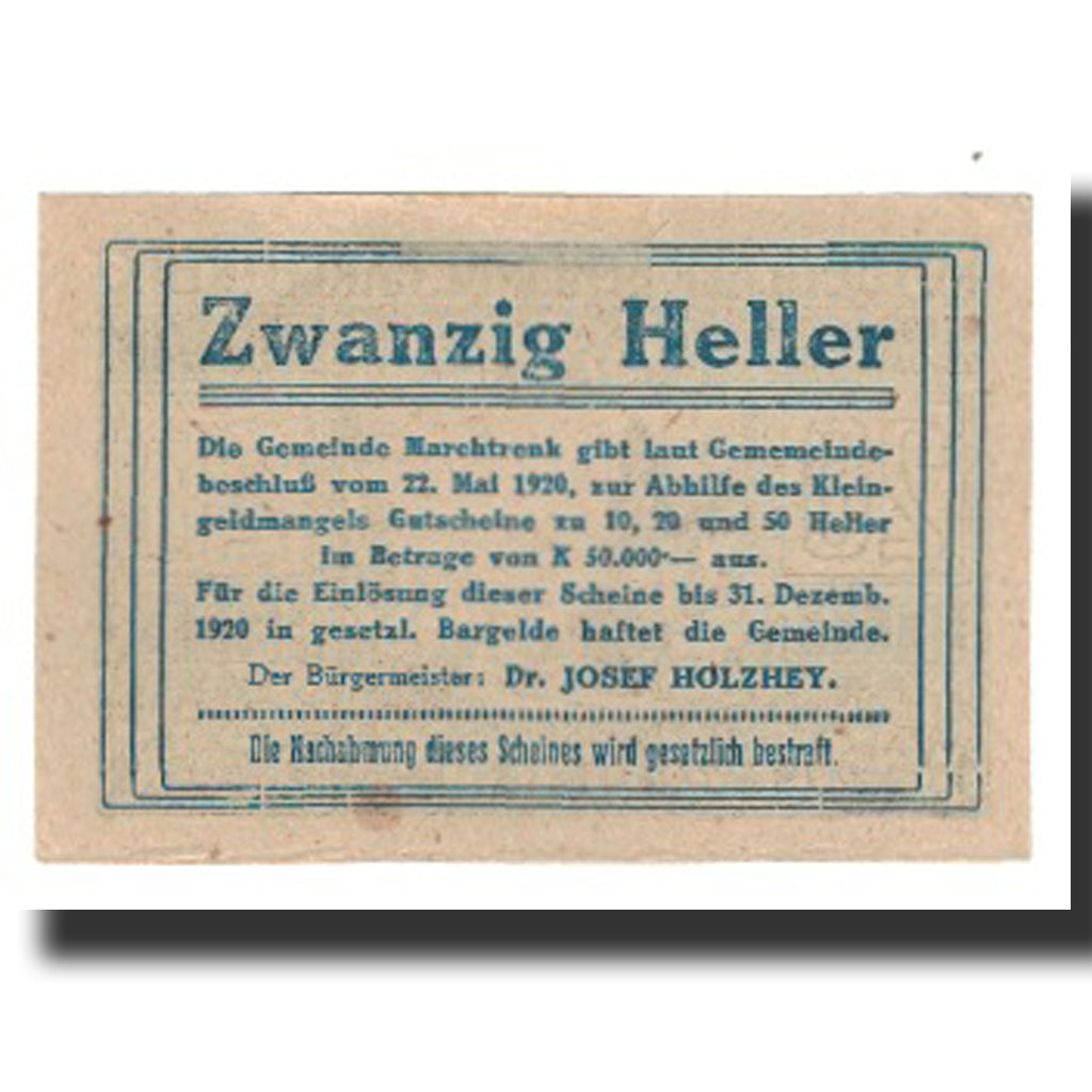 Banknot, Austria, Marchtrenk O.Ö. Gemeinde, 20 Heller, Texte 7, 1920