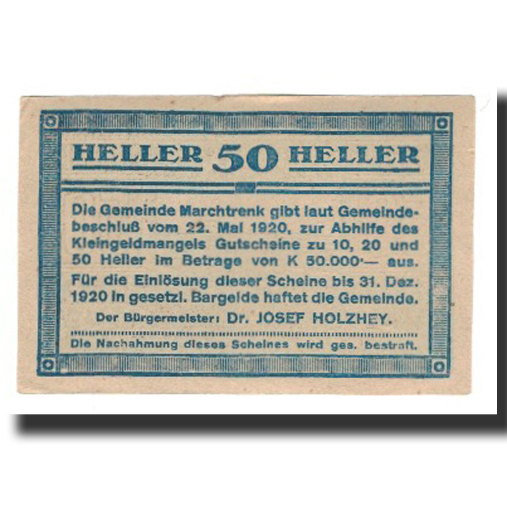 Billete, Austria, Marchtrenk O.Ö. Gemeinde, 50 Heller, Texte 8, 1920
