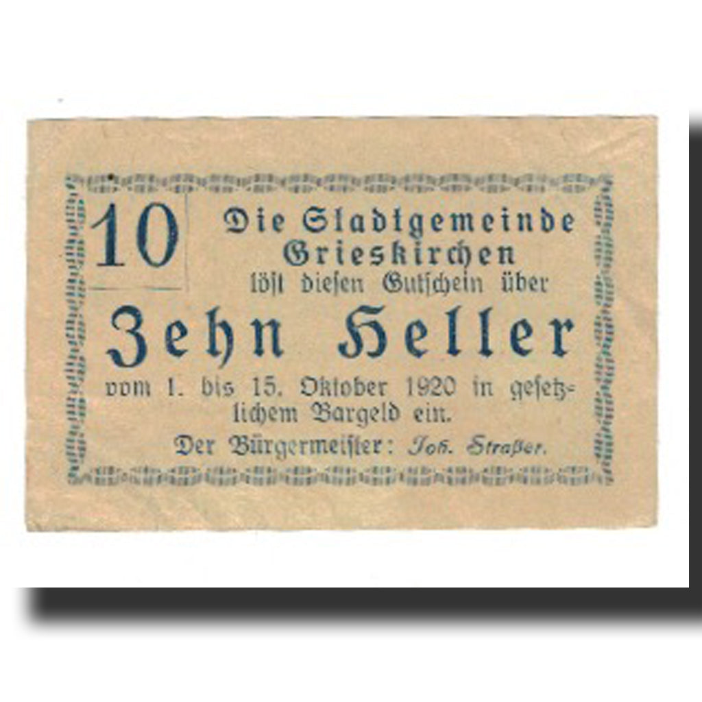 Nota, Áustria, Grieskirchen, 10 Heller, Texte, 1920, 1920-10-15, EF(40-45)