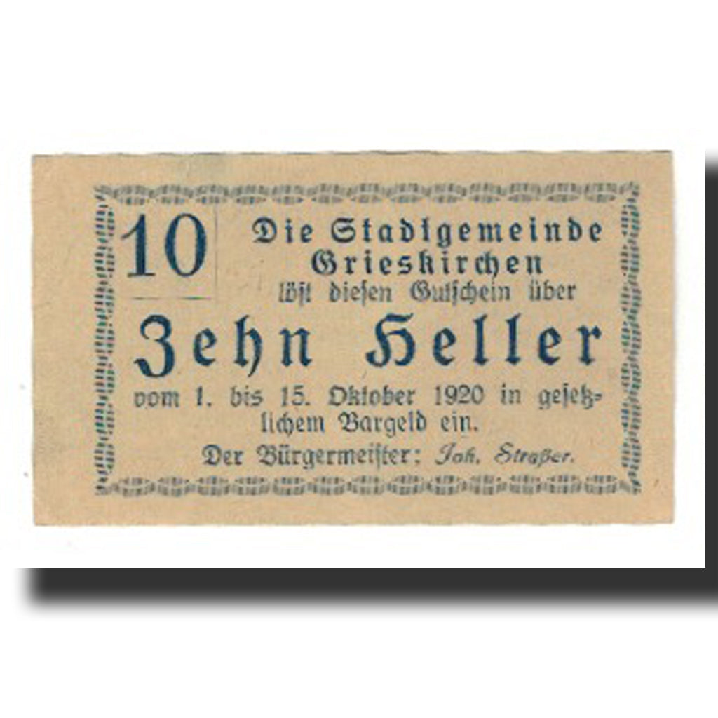 Nota, Áustria, Grieskirchen, 10 Heller, texte 1, 1920, 1920-10-15, EF(40-45)