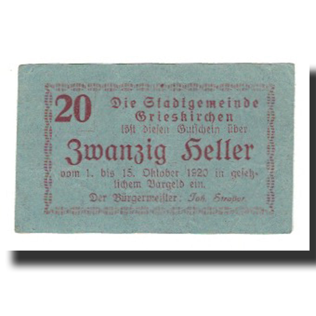 Nota, Áustria, Grieskirchen, 20 Heller, Texte 2, 1920, 1920-10-15, EF(40-45)