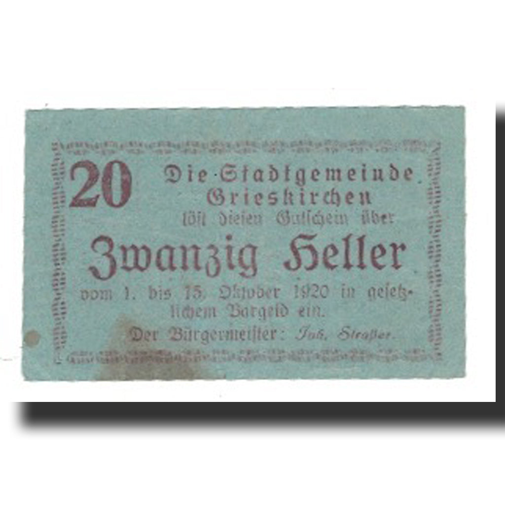 Billete, Austria, Grieskirchen, 20 Heller, Texte 3, 1920, 1920-10-15, MBC