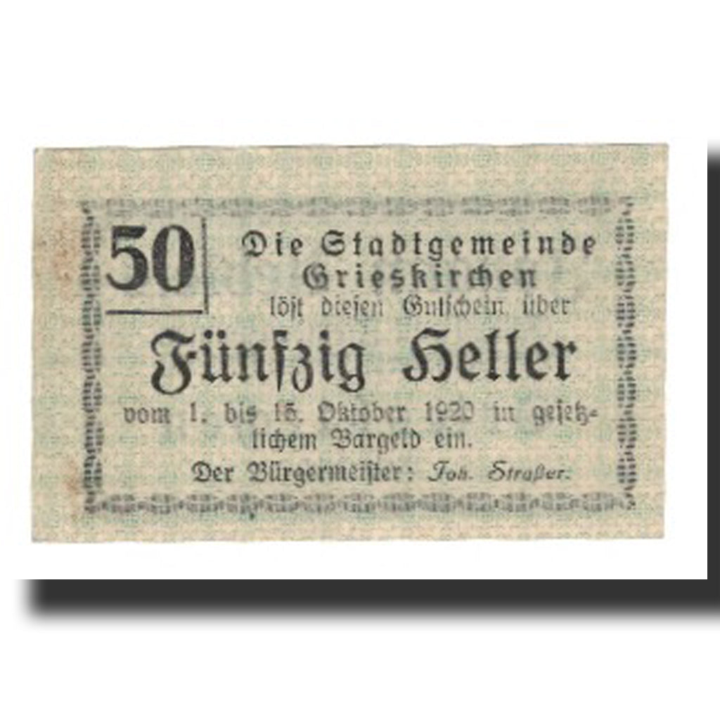 Nota, Áustria, Grieskirchen, 50 Heller, Texte 4, 1920, 1920-10-15, EF(40-45)