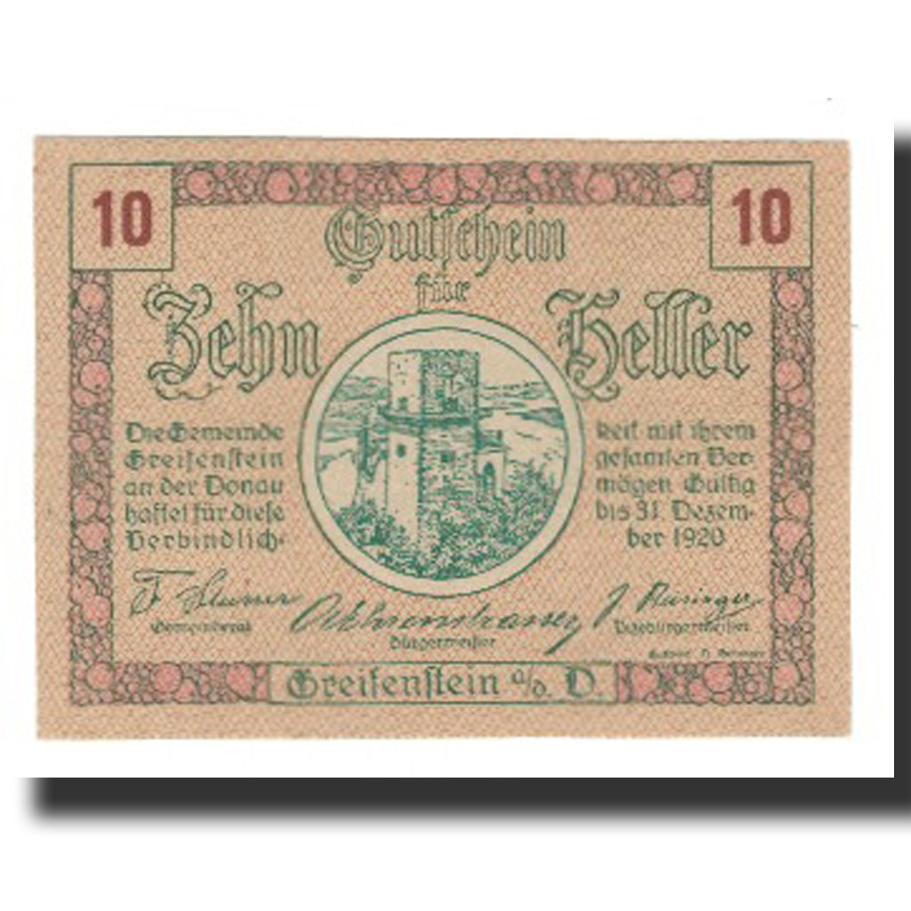 Banconote, Austria, Greifenstein N.Ö. Gemeinde, 10 Heller, texte 1, 1920