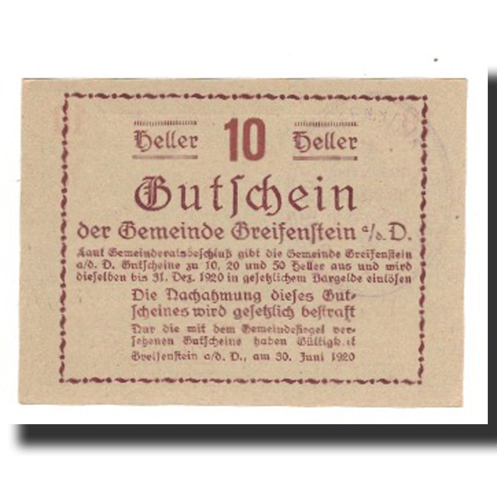 Banconote, Austria, Greifenstein N.Ö. Gemeinde, 10 Heller, texte 1, 1920