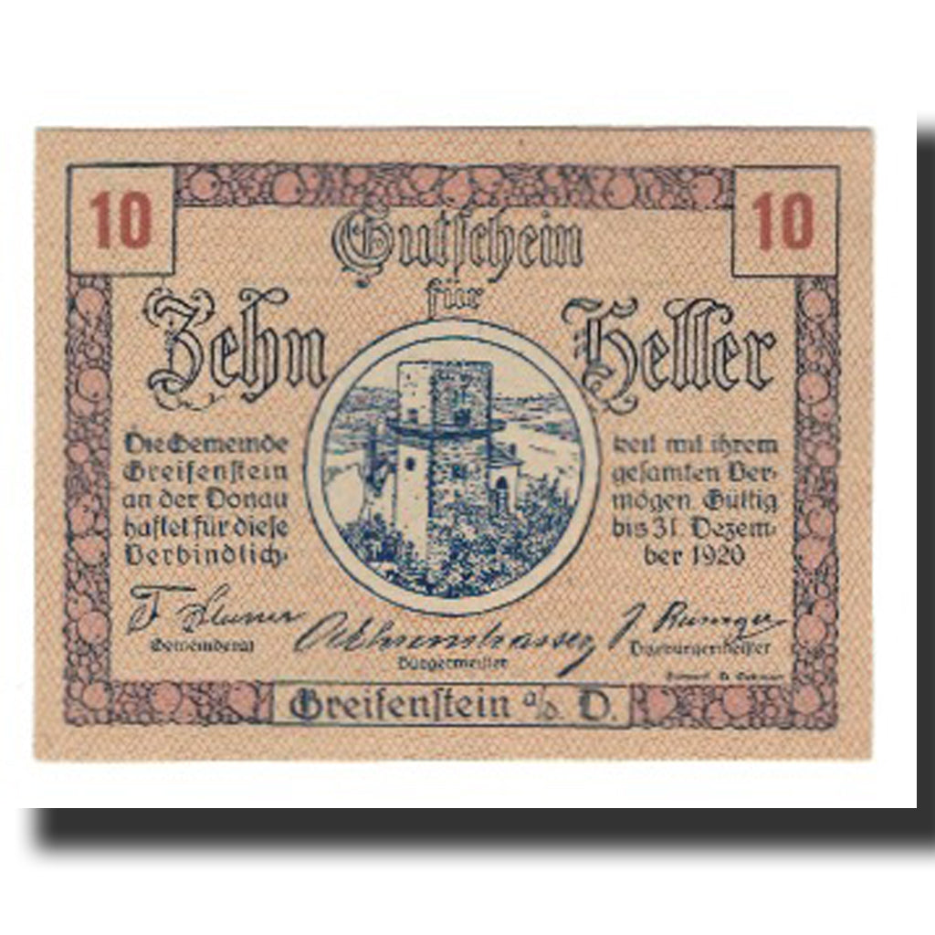 Biljet, Oostenrijk, Greifenstein N.Ö. Gemeinde, 10 Heller, Texte 2, 1920