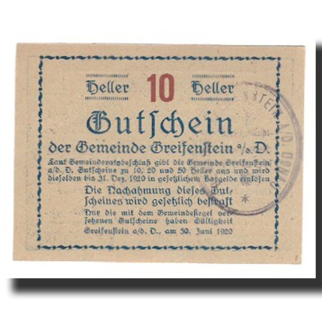 Biljet, Oostenrijk, Greifenstein N.Ö. Gemeinde, 10 Heller, Texte 2, 1920