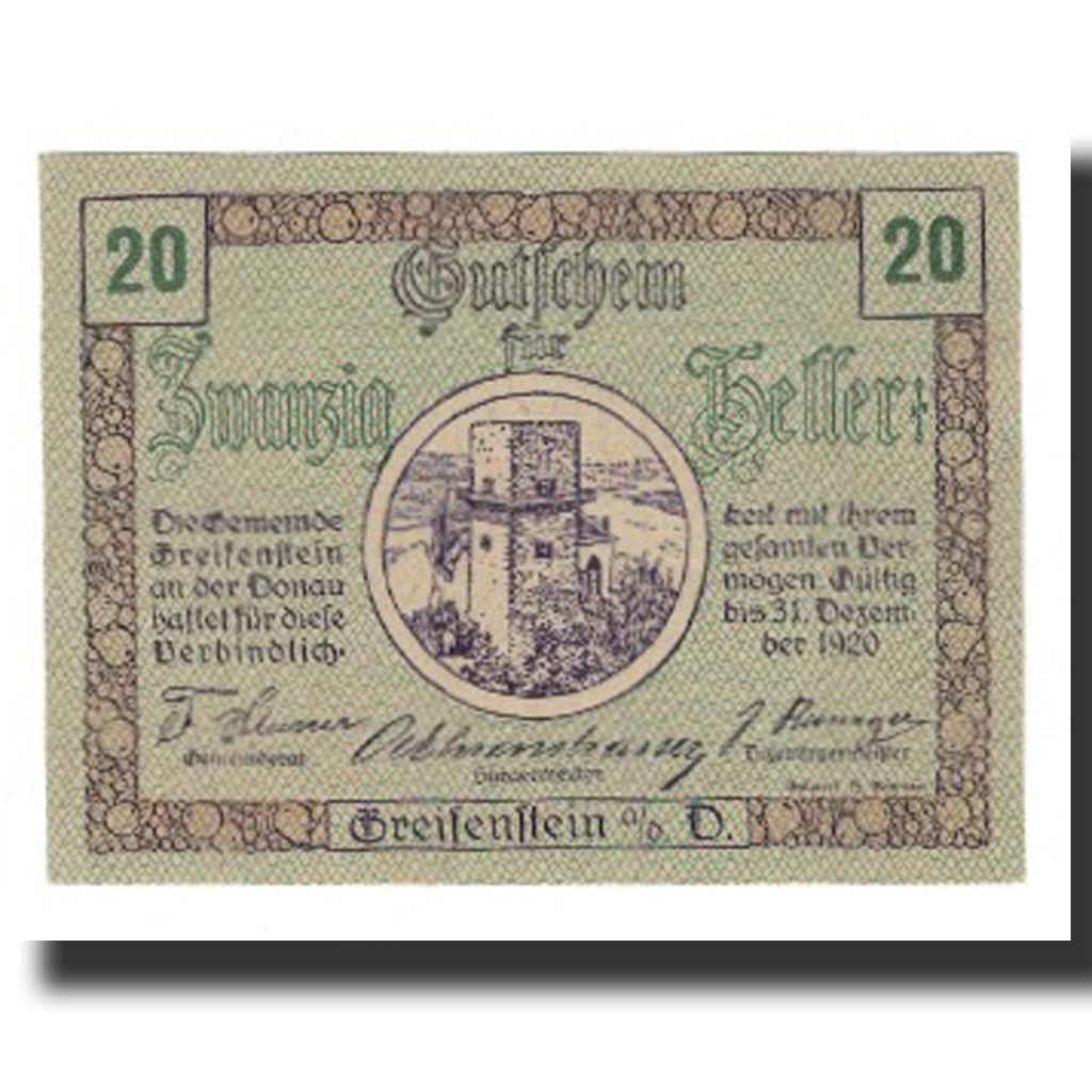 Biljet, Oostenrijk, Greifenstein N.Ö. Gemeinde, 20 Heller, Texte 3, 1920