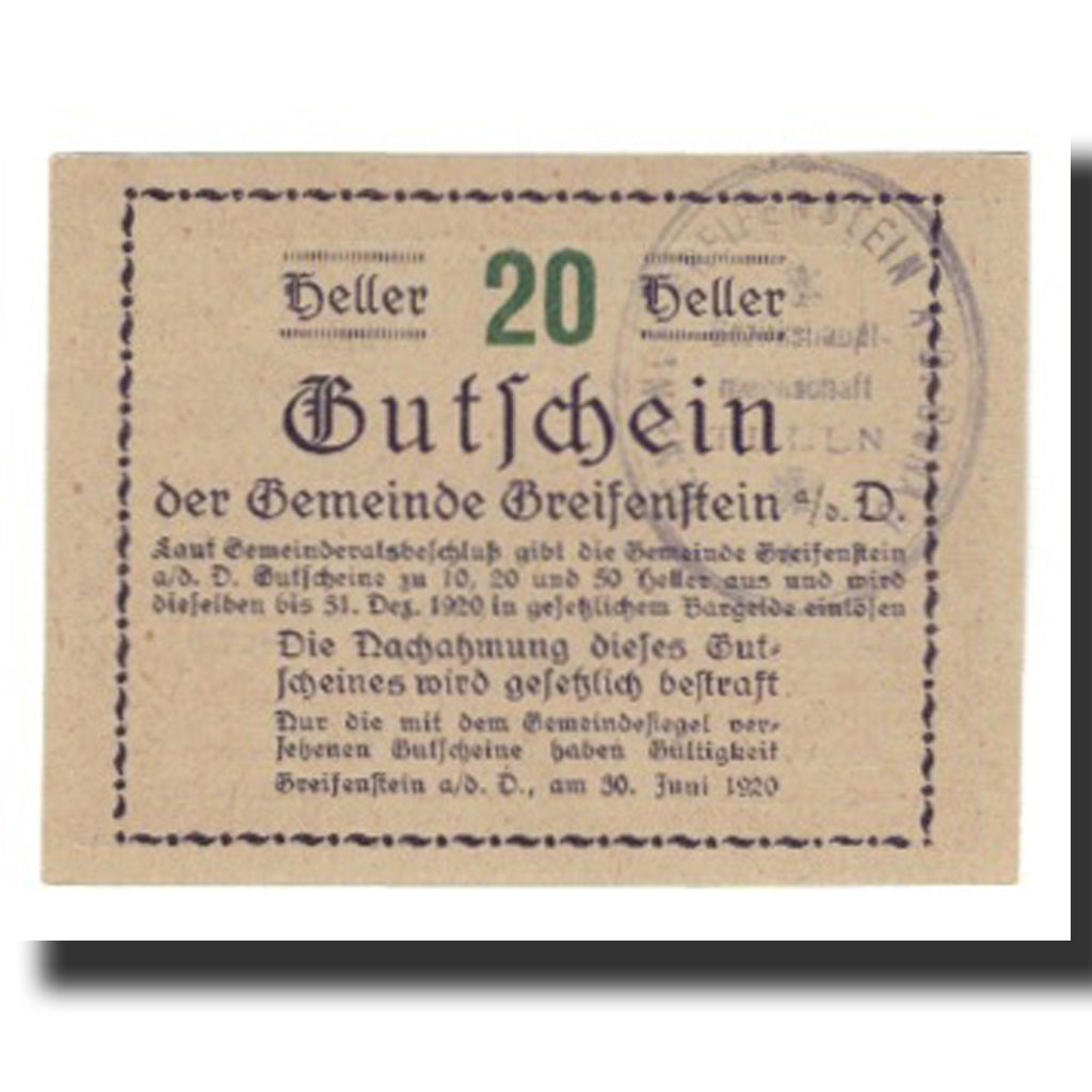 Biljet, Oostenrijk, Greifenstein N.Ö. Gemeinde, 20 Heller, Texte 3, 1920