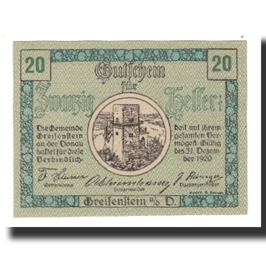 Biljet, Oostenrijk, Greifenstein N.Ö. Gemeinde, 20 Heller, Texte 4, 1920
