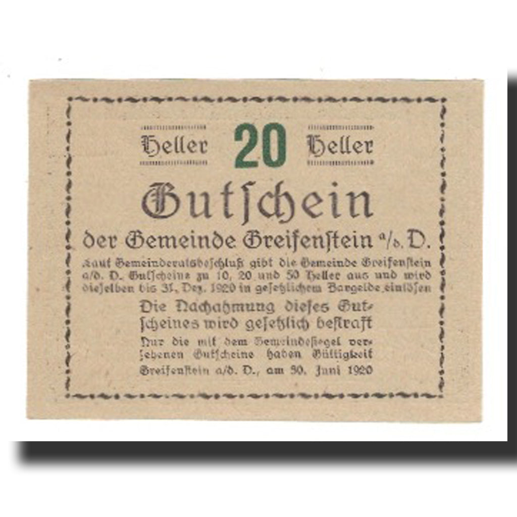 Biljet, Oostenrijk, Greifenstein N.Ö. Gemeinde, 20 Heller, Texte 4, 1920
