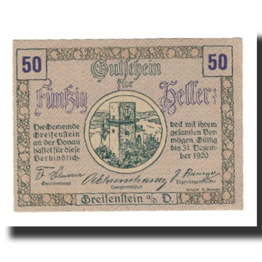 Banknot, Austria, Greifenstein N.Ö. Gemeinde, 50 Heller, Texte  5, 1920
