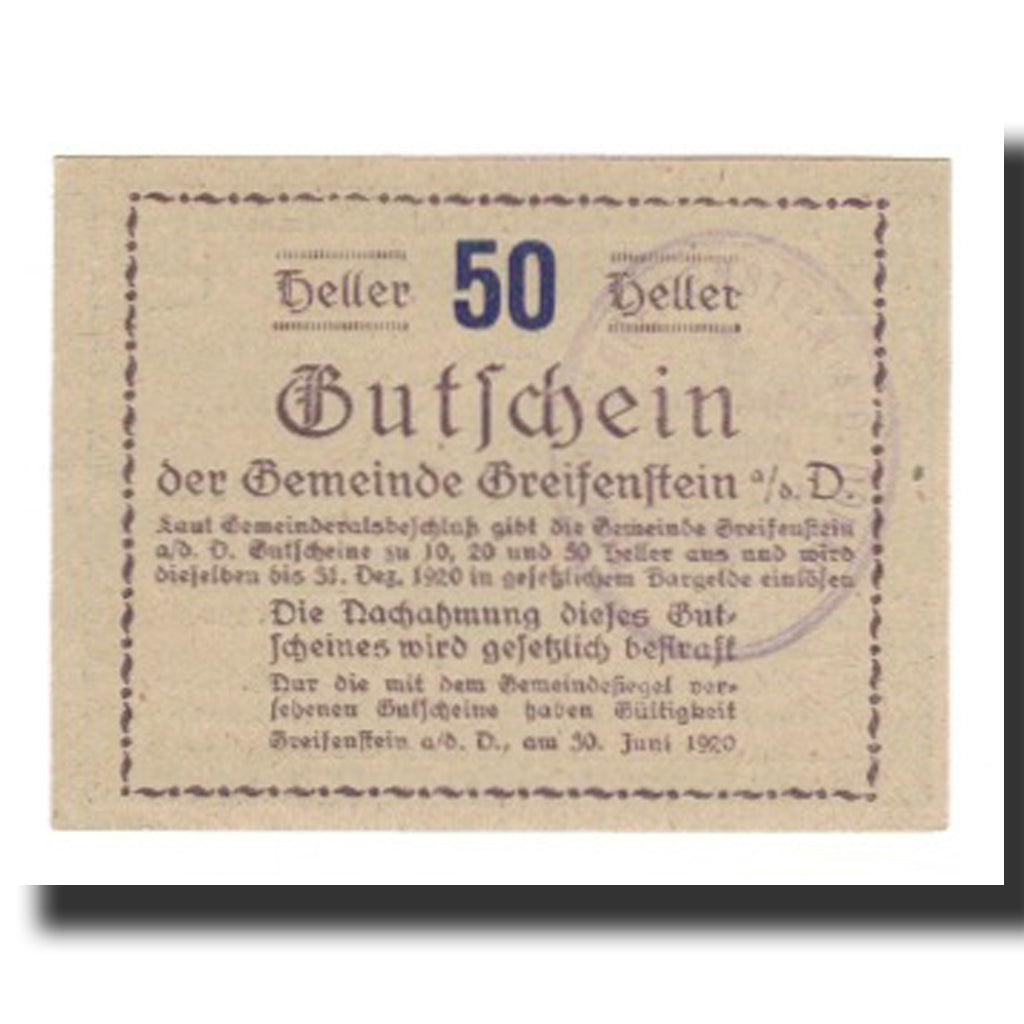 Banknot, Austria, Greifenstein N.Ö. Gemeinde, 50 Heller, Texte  5, 1920