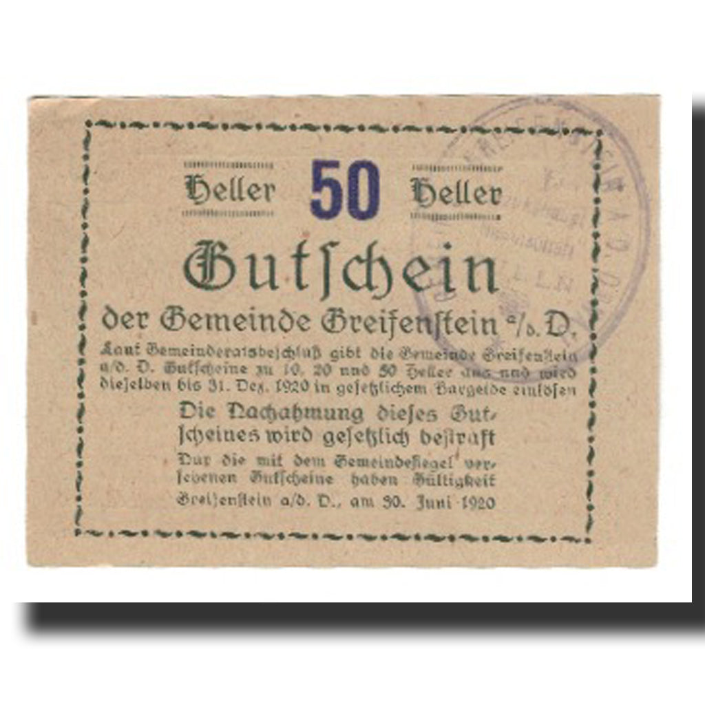 Geldschein, Österreich, Greifenstein N.Ö. Gemeinde, 50 Heller, Texte 6, 1920
