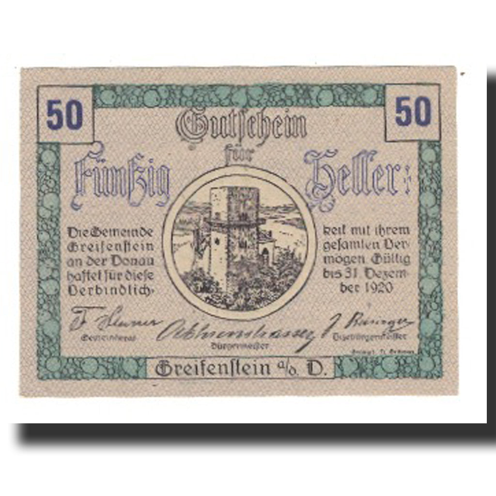 Banknote, Austria, Greifenstein N.Ö. Gemeinde, 50 Heller, Texte 7, 1920
