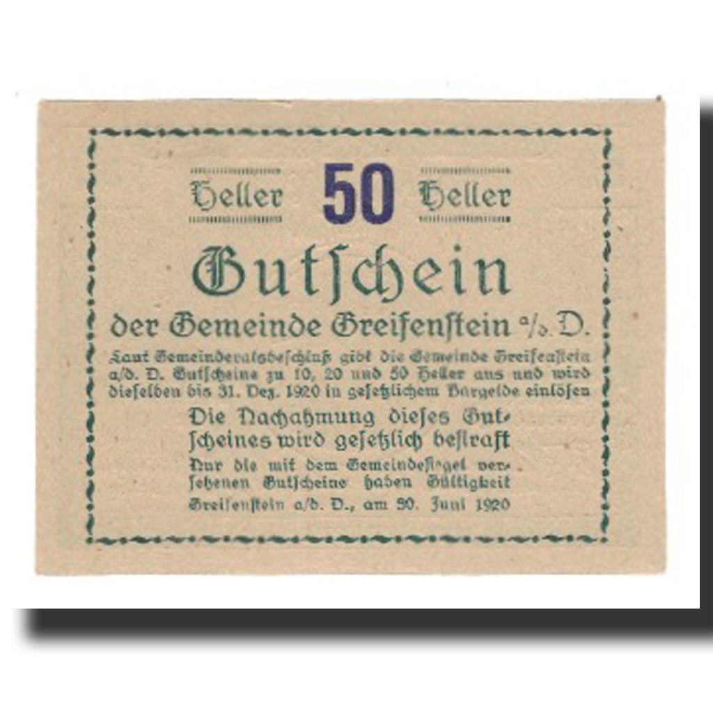 Banknote, Austria, Greifenstein N.Ö. Gemeinde, 50 Heller, Texte 7, 1920