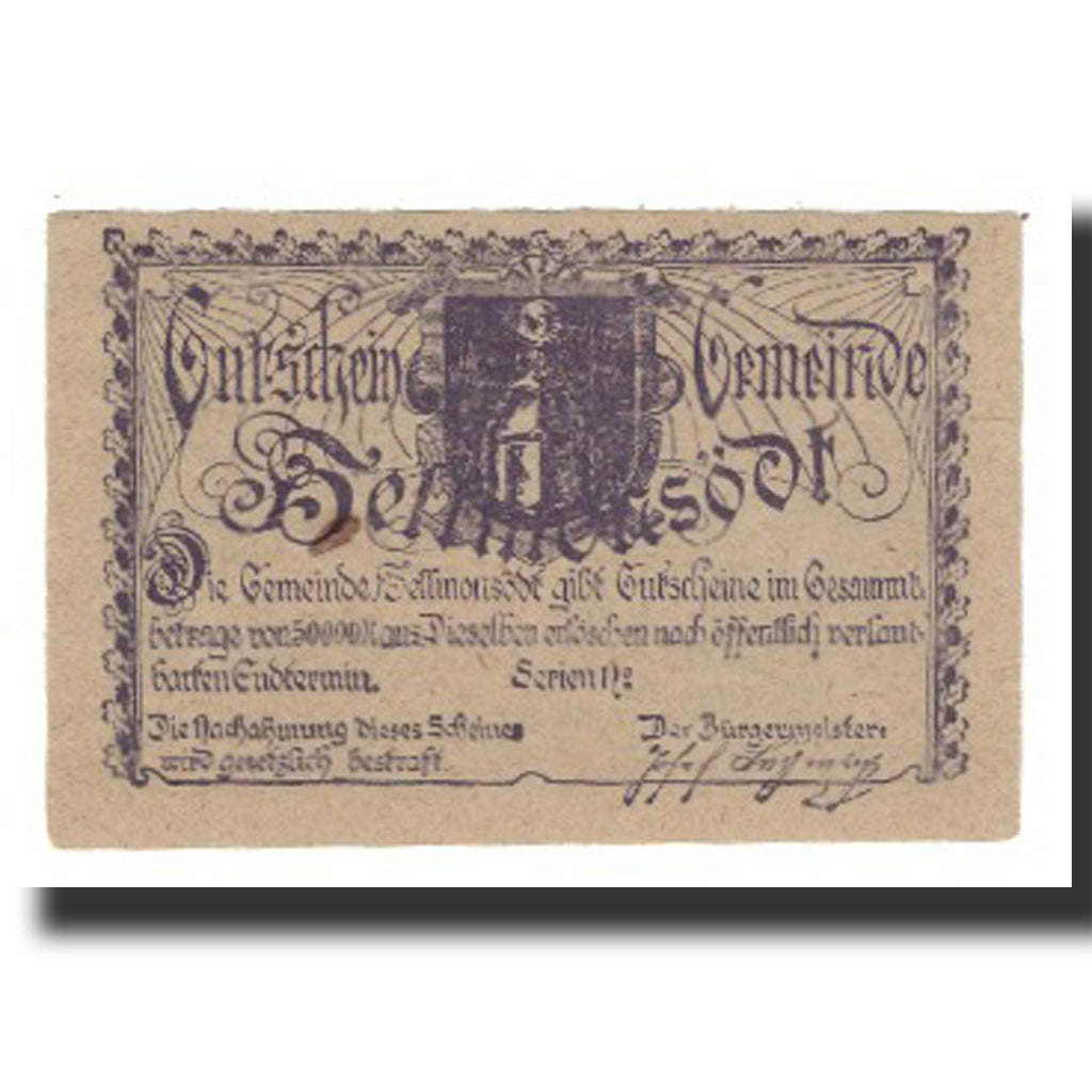Billete, Austria, Hellmonsödt O.Ö. Gemeinde, 50 Heller, Blason 2, MBC, Mehl:FS