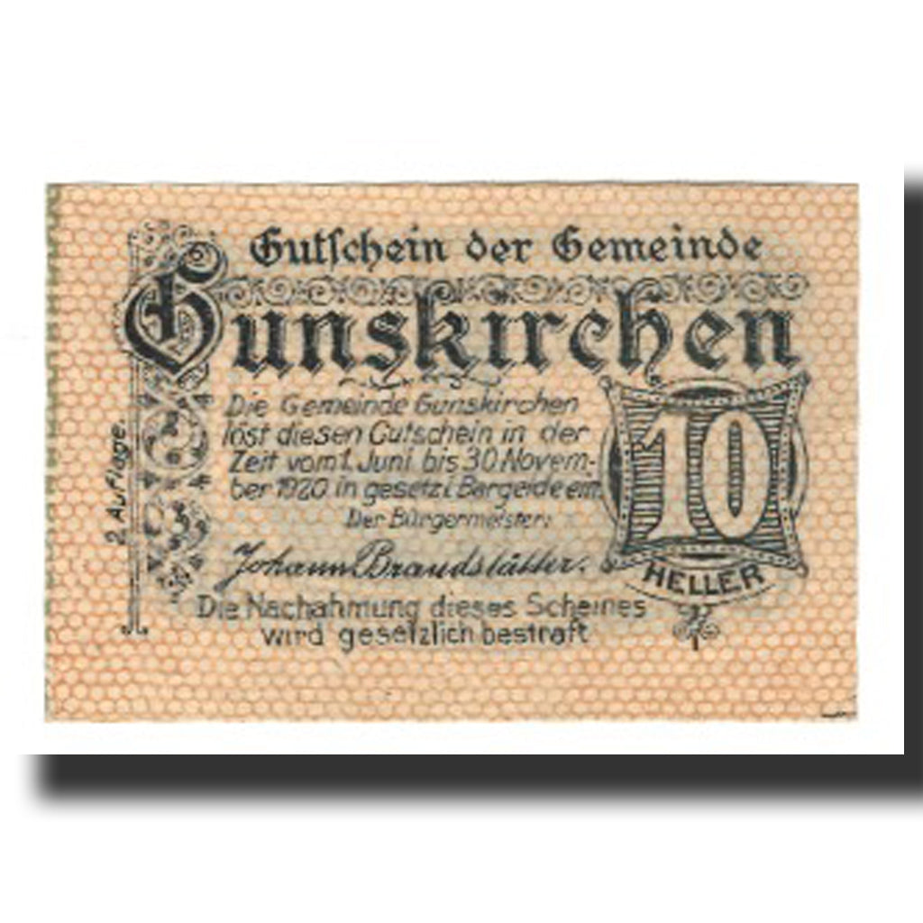 Banconote, Austria, Gunskirchen, 10 Heller, Eglise, 1921, 1921-06-01, SPL-