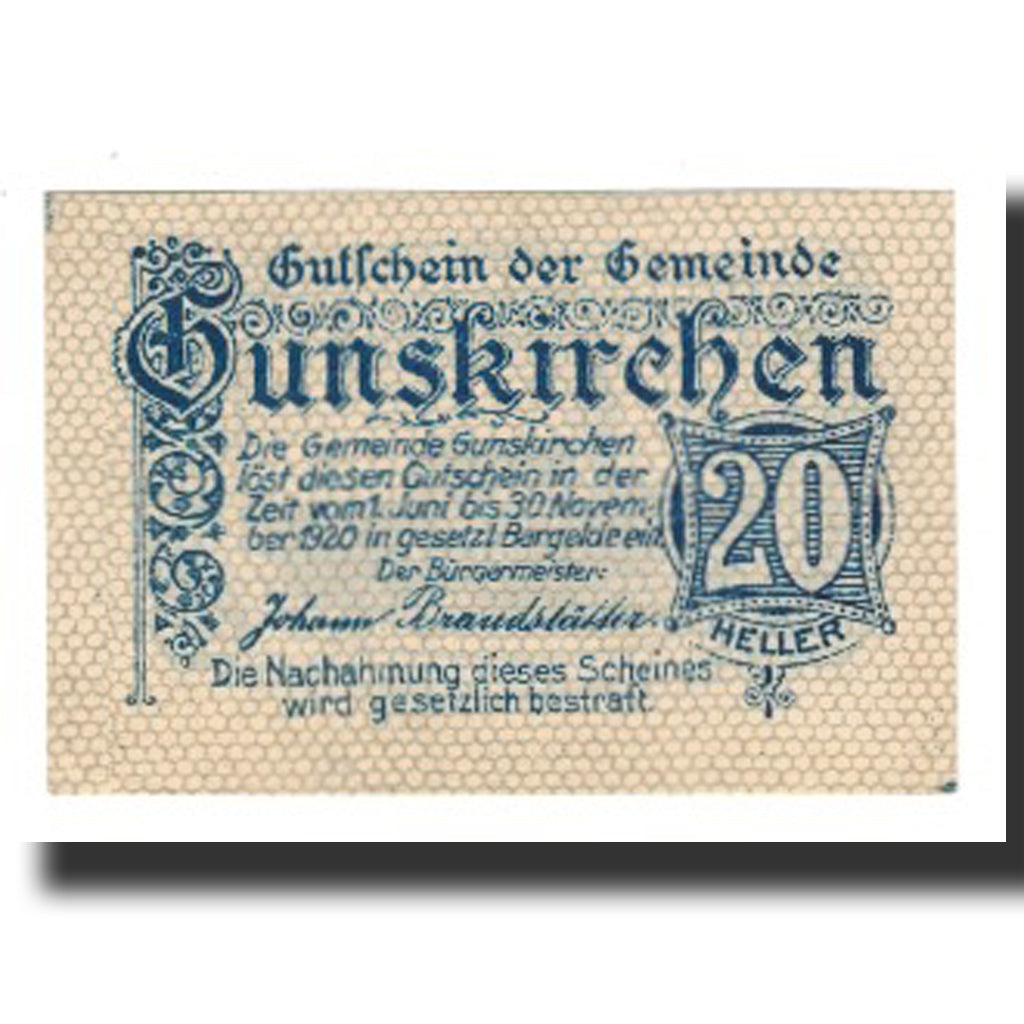 Banconote, Austria, Gunskirchen, 20 Heller, eglise 2, 1921, 1921-06-01, SPL-