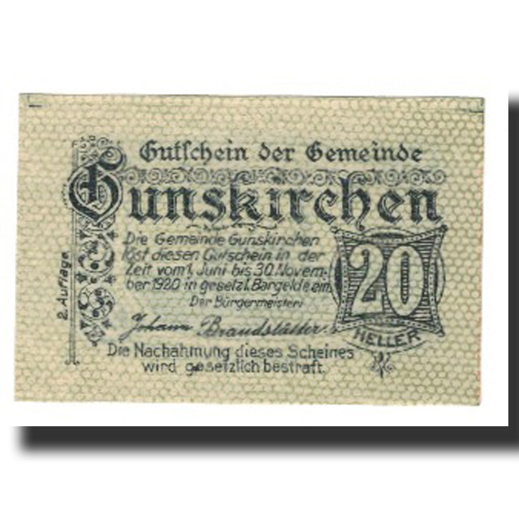 Banconote, Austria, Gunskirchen, 20 Heller, église 4, 1921, 1921-06-01, SPL-