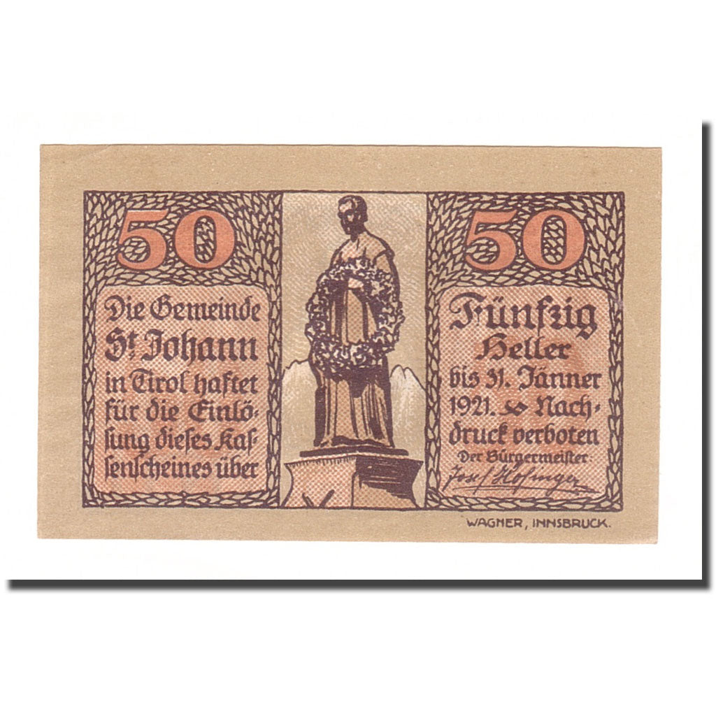 Geldschein, Österreich, St Johann in Tirol, 50 Heller, personnage, 1921