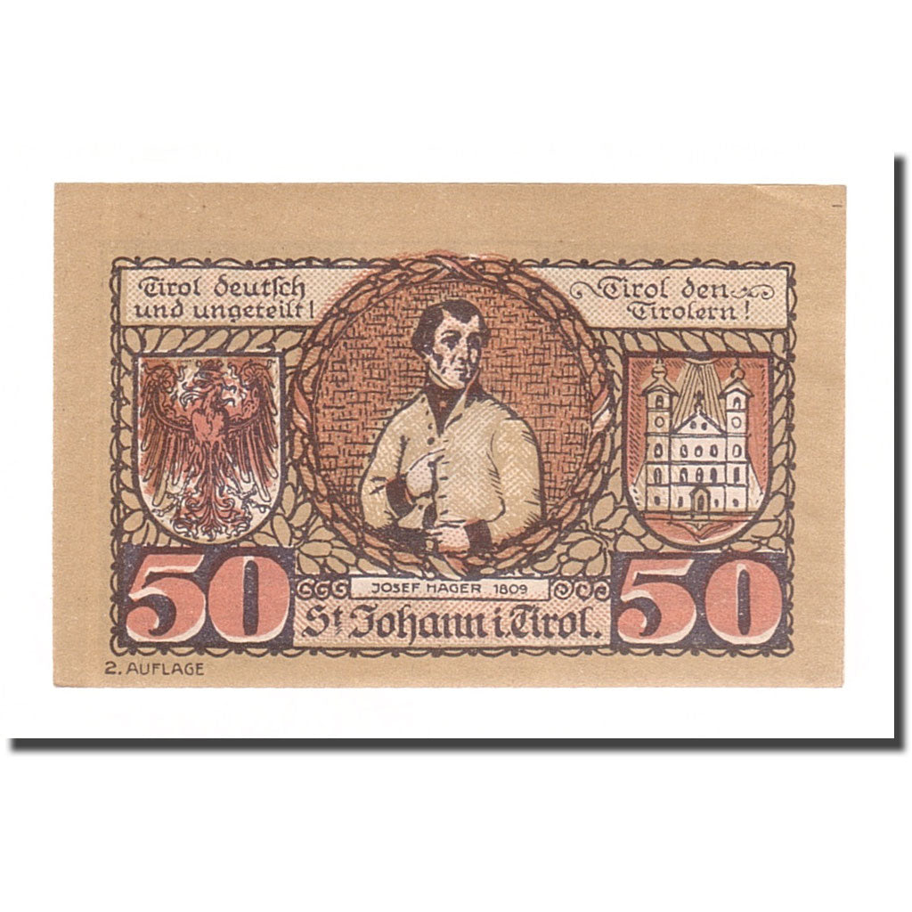 Geldschein, Österreich, St Johann in Tirol, 50 Heller, personnage, 1921