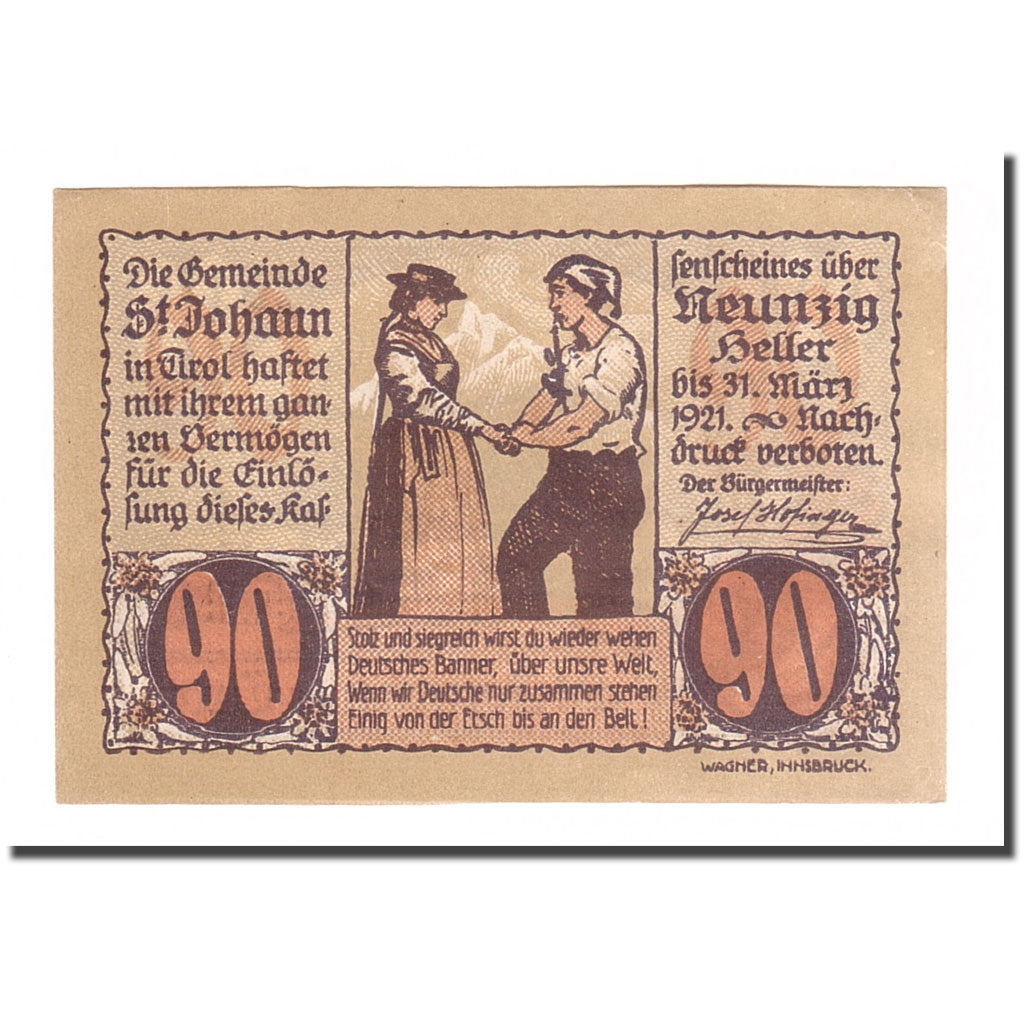 Banknote, Austria, St Johann in Tirol, 90 Heller, paysage, 1921, 1921-01-31