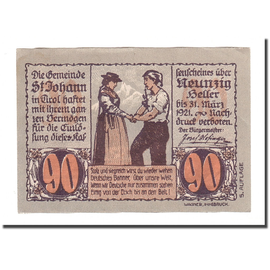 Nota, Áustria, St Johann in Tirol, 90 Heller, paysage 1, 1921, 1921-01-31