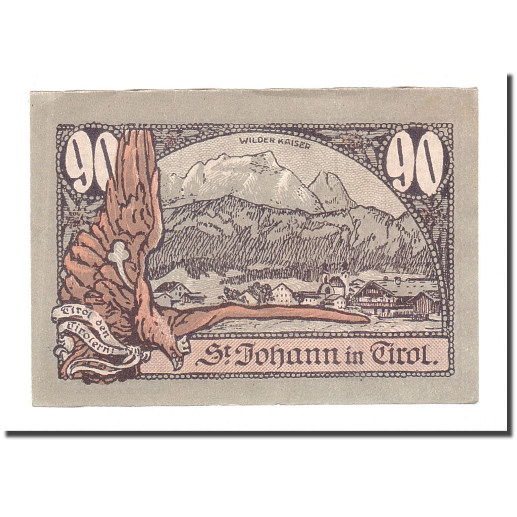 Nota, Áustria, St Johann in Tirol, 90 Heller, paysage 1, 1921, 1921-01-31