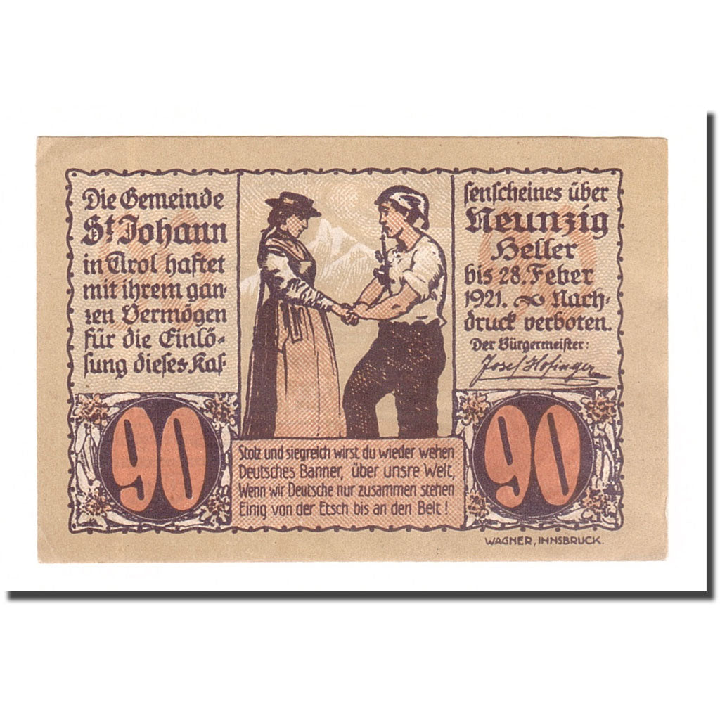 Billet, Autriche, St Johann in Tirol, 90 Heller, paysage 2, 1921, 1921-01-31