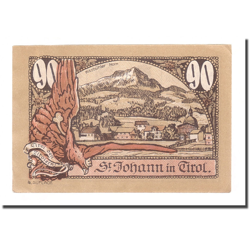 Billet, Autriche, St Johann in Tirol, 90 Heller, paysage 2, 1921, 1921-01-31