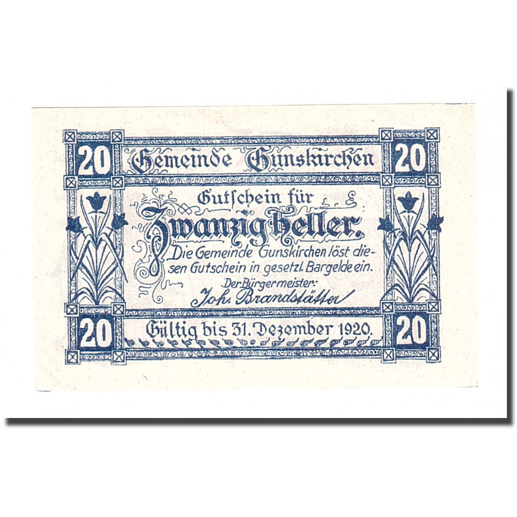 Biljet, Oostenrijk, Gunskirchen, 20 Heller, Batiment, 1921, 1921-12-31, SUP