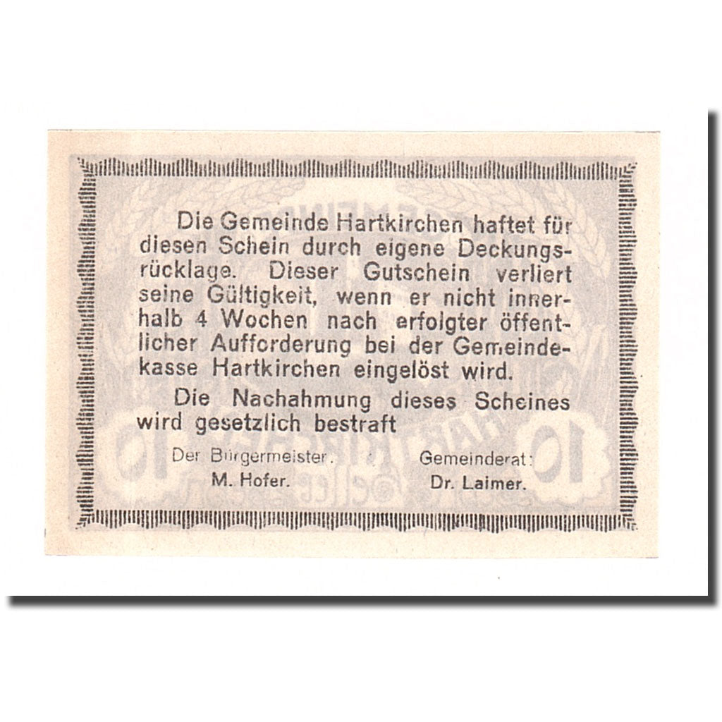 Geldschein, Österreich, Hartkirchen, 10 Heller, Texte, 1920, 1920-12-31, VZ