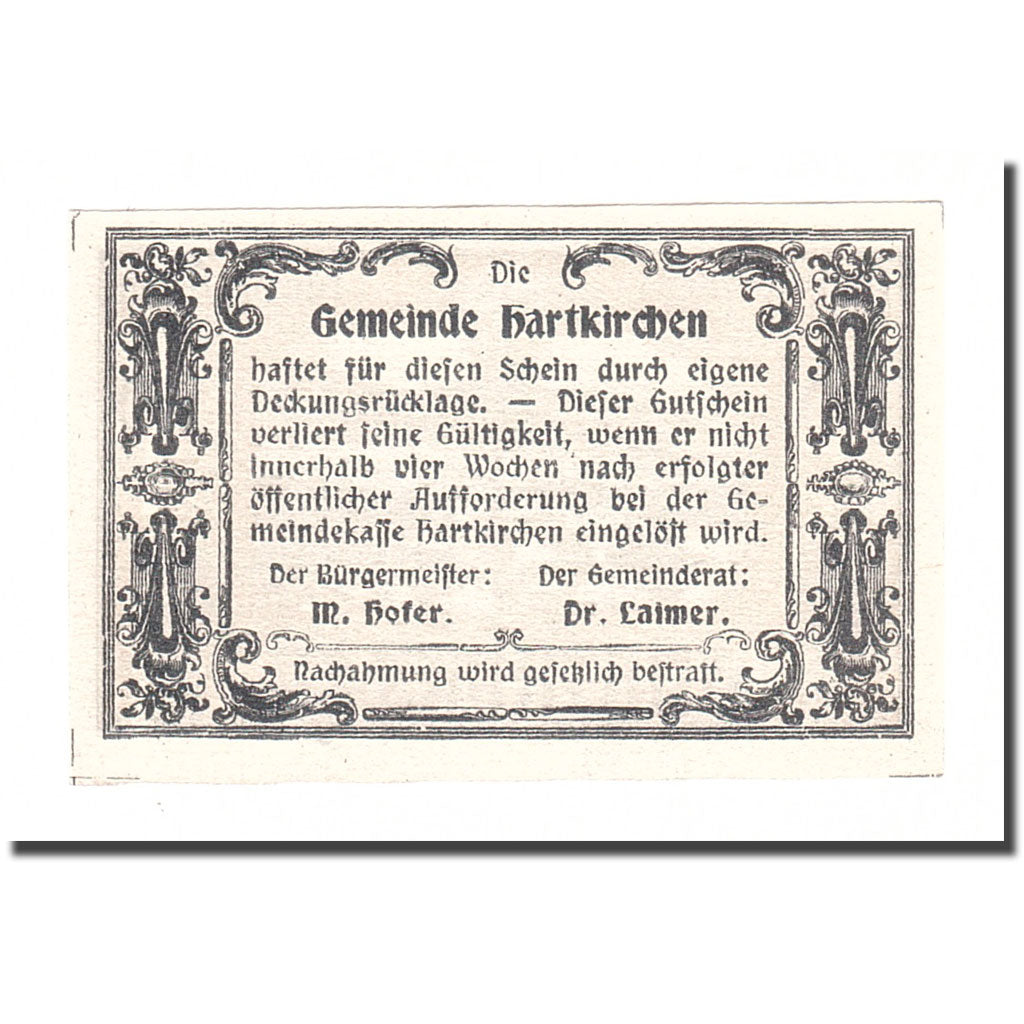 Biljet, Oostenrijk, Hartkirchen, 50 Heller, texte 1, SUP, Mehl:FS 353II