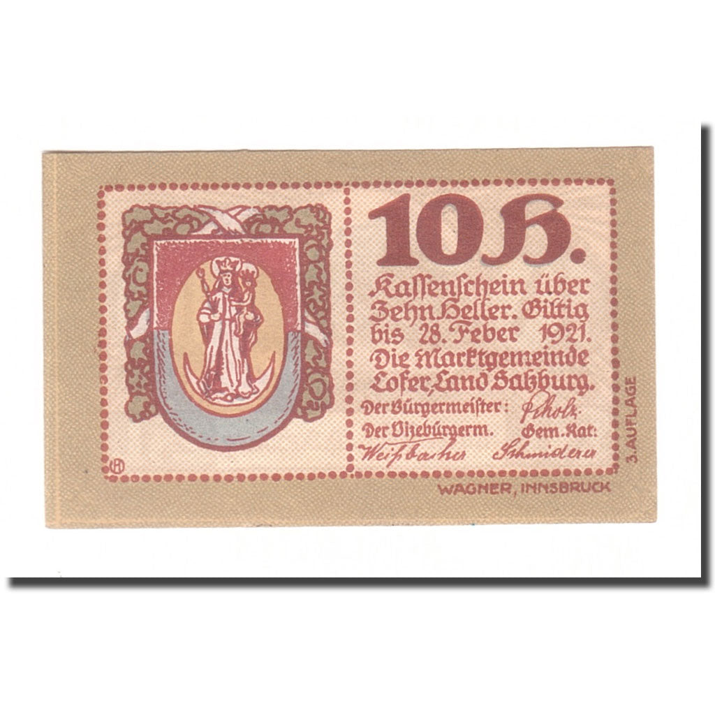 Banknote, Austria, Lofer Sbg. Marktgemeinde, 10 Heller, paysage, 1921